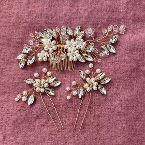 Three pieces wedding hair comb bridal hair pins crystal pearl hair accessories